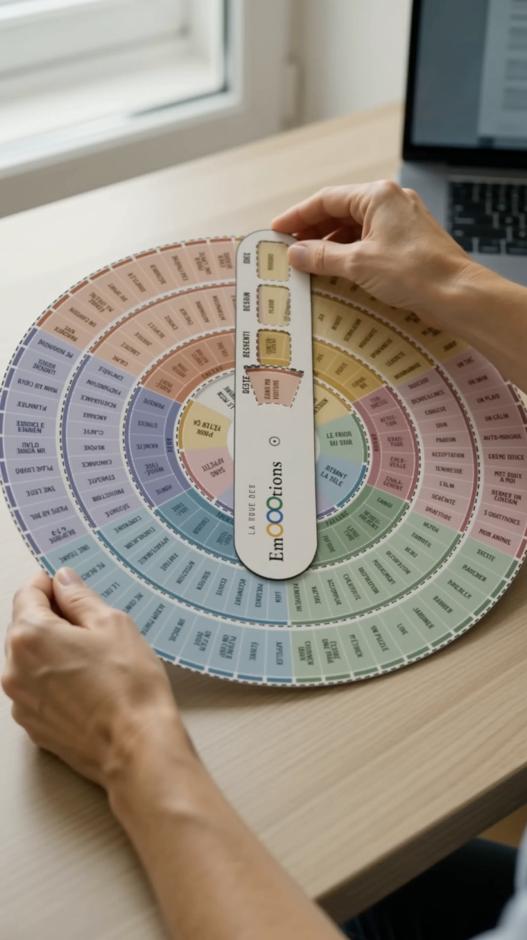 La roue des EmOOOtions posée sur une table de consultation